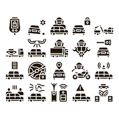 Poster - Car Theft Collection Elements Icons Set Vector Thin Line. Car Theft On Truck, Thief Silhouette Near Motorcycle And Van, Signaling And Electronic Key Pictograms. Monochrome Contour Illustrations