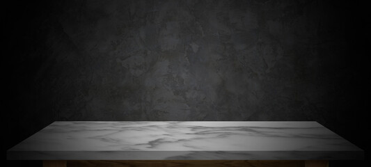 Wall Mural - Empty marble top table with dark abstract cement wall background for product display montage.