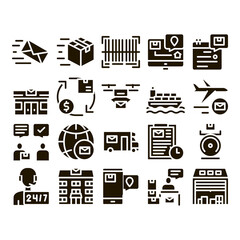 Wall Mural - Postal Transportation Company Icons Set Vector Thin Line. Hotline Support And Postal Building, Ship And Airplane, Drone Delivery And Truck Glyph Pictograms Black Illustrations