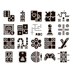 Wall Mural - Interactive Kids Games Glyph Icons Set Vector. Domino, Chess And Video Games Controller Pictograms. Cards And Billiard, And Darts Glyph Pictograms Black Illustrations