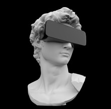 Postmodern Style Illustration From 3D Rendering Of Classical Head Sculpture With VR Visor Headset.