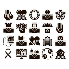 Wall Mural - Volunteers Support Glyph Icons Set Vector. Volunteers Support, Charitable Organizations Pictograms. Blood Donor, Food Donations, Financial Help, Humanitarian Aid Glyph Pictograms Black Illustrations