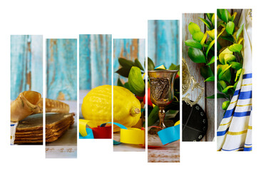 Ritual Jewish festival of Sukkot in the jewish religious symbol Etrog, lulav kippah and tallit