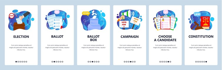 Election campaign, constitution voting right, choose candidate. Mobile app screens, vector website banner template.