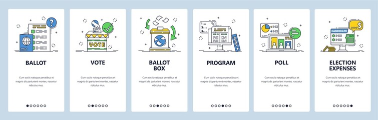 Election. Political party candidate program, poll results, expenses. Mobile app screens, vector website banner template.