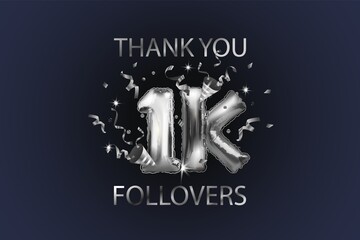 Sticker - Thank you 1K or 1K subscribers. Vector illustration with silver shiny balls and confetti for friends on social networks, web users on a dark background. Thank you, celebrate subscribers, likes.