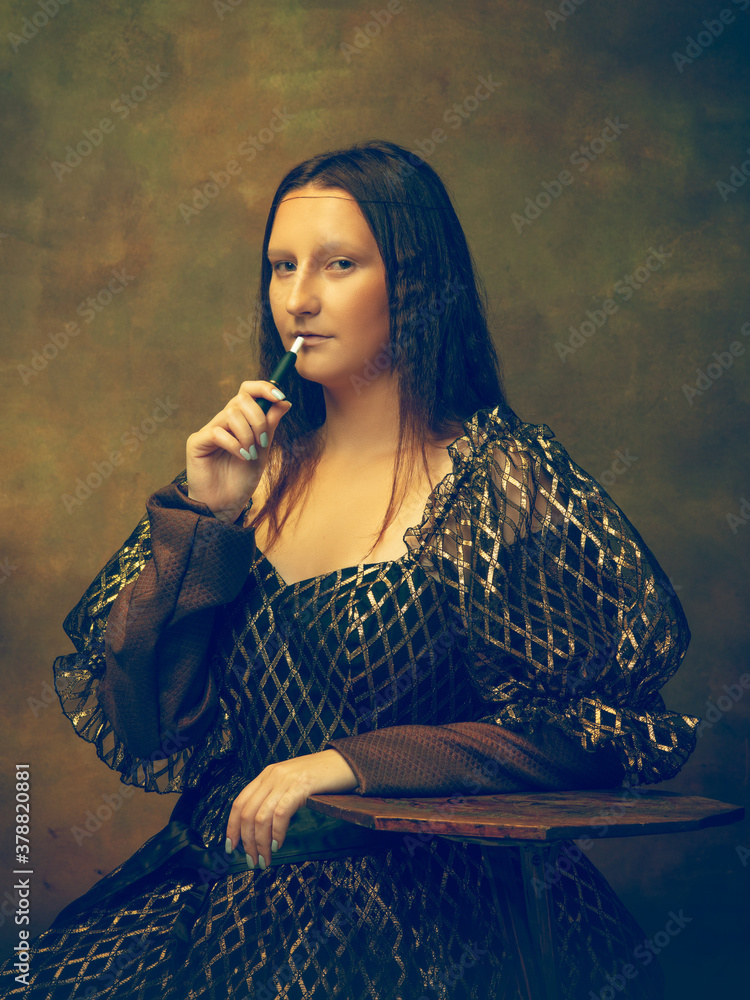 Smoking Young Woman As Mona Lisa La Gioconda Isolated On Dark Green