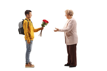 Wall Mural - Male teenager giving a bunch of red roses to an elderly woman