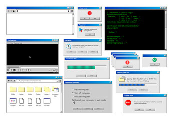 Computer window. Retro browser interface with popup error and warning windows, classic old software UI. Vector illustration website and loading windows set