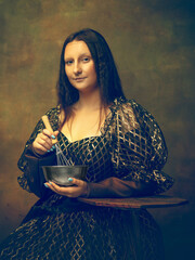 Cooking. Young woman as Mona Lisa, La Gioconda isolated on dark green background. Retro style, comparison of eras concept. Beautiful female model like classic historical character, old-fashioned.