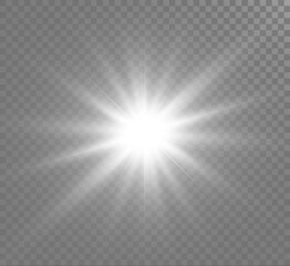 Wall Mural - White glowing light explodes on a transparent background. Sparkling magical dust particles. Bright Star. Transparent shining sun, bright flash