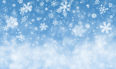 Wall Mural - Christmas snow. Falling snowflakes on blue background. Snowfall. Vector illustration