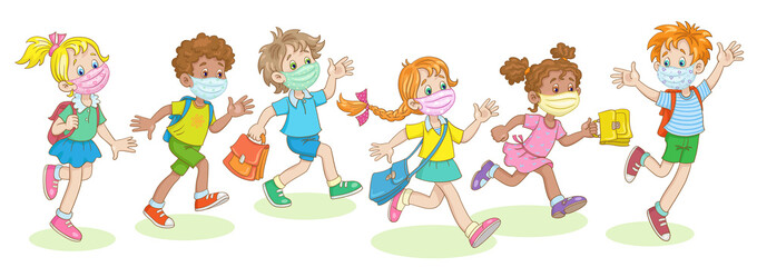 Sticker - Children of different nationalities run to school in protective medical masks. Coronavirus epidemic concept. In cartoon style. Isolated on white background. Vector illustration.