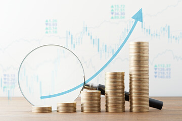 Poster - Financial growth and successful investment. Money, magnifier and many charts.