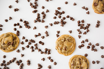 Homemade Chocolate Chip Cookies with Chocolate Chips on White Background