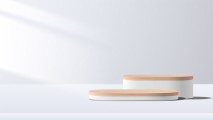 abstract minimal scene with geometric forms. wood podium in white background with leaves. product pr