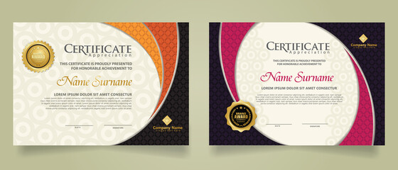 Set modern certificate template with realistic texture diamond shaped on the ornament and modern pattern background