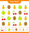 © Pure Imagination - Counting game, how many fruits educational children game, printable worksheet, vector illustration