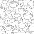 © SunnyColoring - Seamless pattern with contour drawing cups with hot drink, aromatic hot beverage, outline cup of different sizes