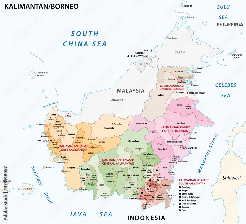 administrative vector map of the indonesian part of borneo island, kalimantan, indonesia - obrazy, fototapety, plakaty 