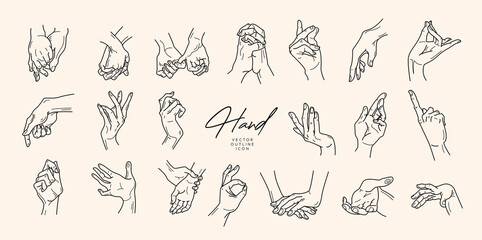 Collection of fine, hand drawn style logos and icons of hands. Fashion, skin care and wedding concept illustrations.