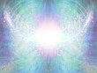 Sacred Spiritual Healing Light Background - shimmering sparkling brilliant white light centre with an intricate blue green energy form radiating outwards and upwards
