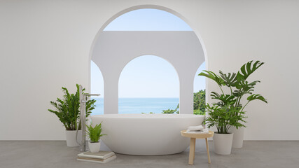 Canvas Print - Bathtub on concrete floor of large bathroom in modern new house or luxury hotel. Cozy home interior 3d rendering with beach and sea view.