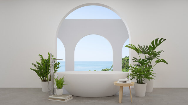 Bathtub on concrete floor of large bathroom in modern new house or luxury hotel. Cozy home interior 3d rendering with beach and sea view.