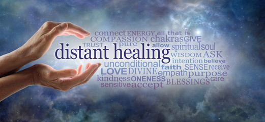 Wall Mural - Words associated with Reiki  Healer sending high frequency energy - cupped hands with white light between and a DISTANT HEALING word cloud against a night sky cosmic celestial background
