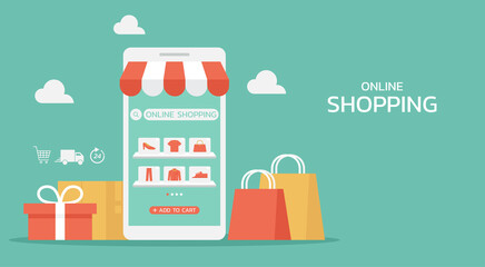 online shopping on mobile app concept with shopping bag, gift, box, and icon, digital store on the s