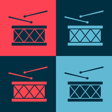 Pop Art Musical Instrument Drum And Drum Sticks Icon Isolated On Color Background. Vector.