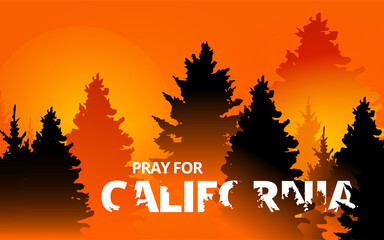 Illustration vector graphic of forest fire in California state, USA. Trees about to burn in red, orange wildfire. Creek fire in the forest. Pray for California's Creek Fire concept. Flat style.