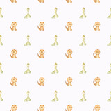 Fototapeta Dziecięca - Watercolor seamless pattern with cute baby dinosaurs on white background for textile, wallpaper, scrapbooking, printable. Smiling Brachiosaurus or Diplodocus and Triceratops are happy and friendly.