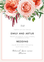 Wedding Invite Card, Invitation. Pale Coral & Blush Peach Roses, Astrantia Plant, Pink Heather Flowers, Burgundy Red Amaranth, Eucalyptus, Asparagus Fern Leaves & Herbs Vector Watercolor Illustration