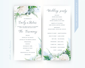 Poster - Wedding program card floral template set. Elegant stylish tender ivory white Rose flowers, asparagus fern leaves greenery bouquet frame & dusty blue watercolor paint splashes. Trendy & delicate design