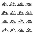 Mountains, ridges bold black silhouette icons set isolated on white. Ice hills, crags, cliffs pictogram.