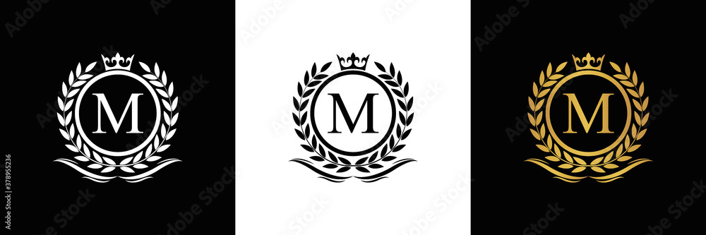 Golden Letter M laurel wreath template logo Luxury gold letter with ...