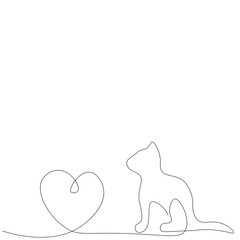 Wall Mural - Cat love heart one line drawing. Vector illustration