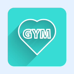 Sticker - White line Fitness gym heart icon isolated with long shadow. I love fitness. Green square button. Vector.