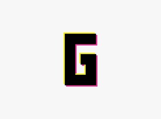 G Letter font, vector desing alphabet. Dynamic, split-color, shadow of  number pink and yellow on white background. For logo, social media,design elements, creative poster, etc.