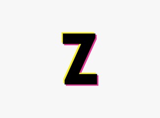 Z Letter font, vector desing alphabet. Dynamic, split-color, shadow of  number pink and yellow on white background. For logo, social media,design elements, creative poster, etc.