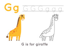 Coloring Page With Letter G And Cute Cartoon Giraffe.