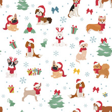 Dog Characters In Santa Hats And Scarves. Christmas Holiday Seamless Pattern Design