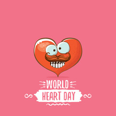 Wall Mural - Vector world heart day card with funny cartoon heart character isolated on pink background. Conceptual heart day comic funky kids poster or banner with funky heart
