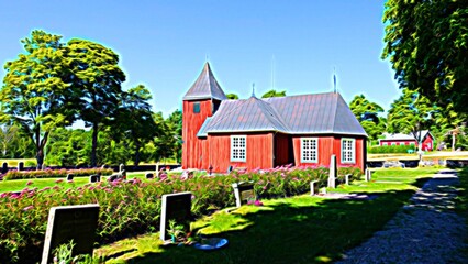 Digital painting style representing a small church with a small cemetery in the Scandinavian countryside