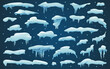 © Sensvector - Snow caps and snowy ice, frozen icicles and snowflakes, vector isolated cartoon icons set. Abstract snow frost caps and icicles on winter background for Christmas and New Year design elements