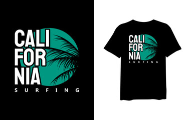 California surfing with tropical palm silhouettes, stylish t-shirts and trendy clothing designs with lettering, and printable, vector illustration designs.