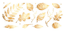 Set Of Texture Gold Leaves. Vector Grunge Modern Textured Brush Stroke, Scribbled. Abstract Plant Print. Doodle Hand Drawn Natural Elements For Backgrounds, Templates, Wallpaper, Card