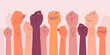 Feminism fists, protest and revolution, feminists fight, vector cartoon flat hands. Feminism activists fist symbol of strength, equality and riot, woman rights union, female power and solidarity