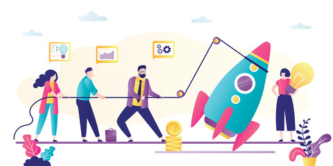 Wall Mural - Businesspeople using rope for rocket launch. Business team create new project. Teamwork, new startup development.